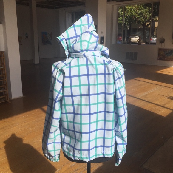 Liz Claiborne Windowpane patchwork blue sports/golf jacket with tuck-able hood - Picture 4 of 5
